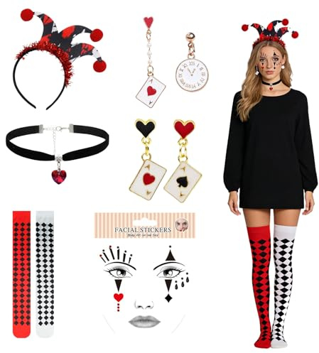 Karneval Kostüm Zubehör Set für Damen Rot-Schwarz Königinnen Stil mit Karo-Strümpfen, Spielkarten Ohrringen, Haarreif, Herz Halskette & Gesichtsaufkleber für Fasching, Halloween und Themenpartys