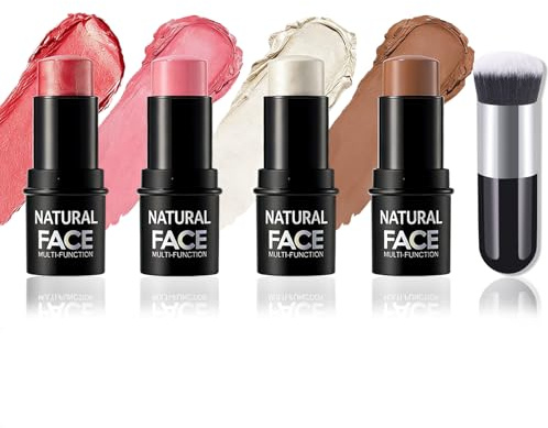 4Pcs Contour Highlighter Blush Sticks mit Pinsel - Creme Konturenstift, Natürlich Creme-Konturenstifte Rouge Gesicht Make up für Wangen Augen Lippen, lang anhaltende wasserdichte glatte Make-up-Sticks