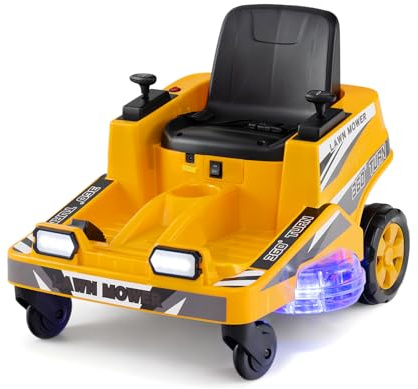 COSTWAY 12V Ride on Lawn Mower for Kids, 2 Motors Electric Car with 360° Twist and Turn, Dual Control Sticks, LED Lights, Outdoor Ride on Toy for 3-8 Years Old (Yellow)