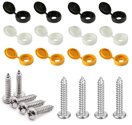 PREMIUM 12 Pcs UK Number Plate Fittings - White, Black and Yellow Screw Caps with Stainless Steel Screws - Car License Plate Fixing Devices - License Plate Screw Caps (2 of Each)