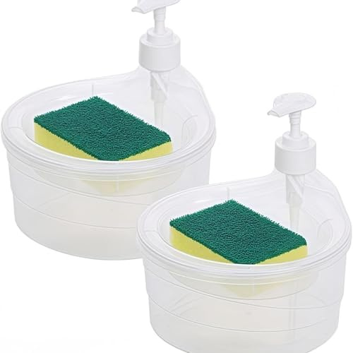 Lot de 2 distributeurs de savon 2 en 1 avec porte-éponge, anti-fuite et peu encombrant, organisateur de comptoir de cuisine, bol à pompe à savon à pression pour lave-vaisselle