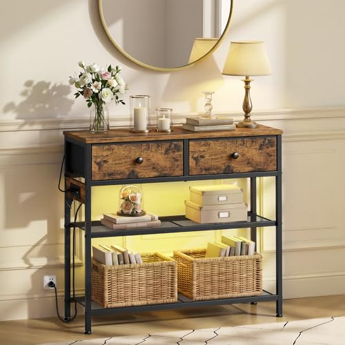 SONGMICS BELLAH Collezione - Consolle Ingresso con Multipresa, Tavolo dietro Divano con LED, Tavolo Ingresso, Soggiorno, 30 x 76,7 x 78,7 cm, 2 Cassetti in Tessuto, Marrone Vintage LGS175K102