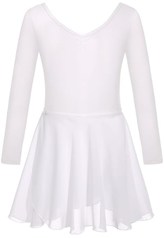 FONLAM Mädchen Ballettkleid Balletttrikot Langarm Tanzkleid Tanzbody Ballettrock Chiffon Tutu Kinder Ballettanzug Baumwolle (12-14 Jahre, Weiß)