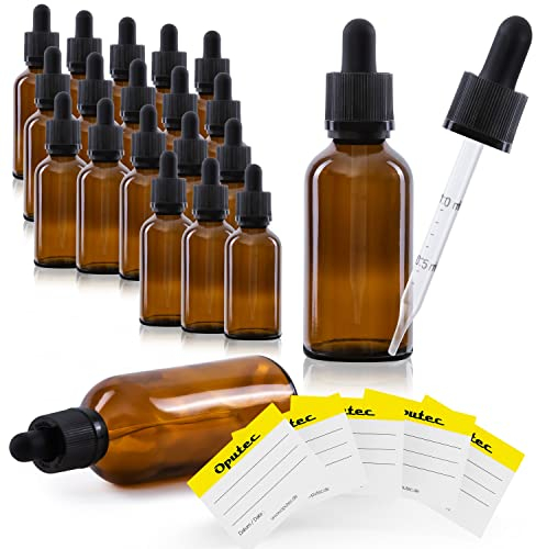 Oputec 20 x 50 ml Pipettenflasche mit Glaspipette + 20 Beschriftungs-Etiketten - Abfüllflaschen für Flüssigkeiten - Tropfflaschen Braunglasflasche Glasflasche Apothekerflasche mit Pipette