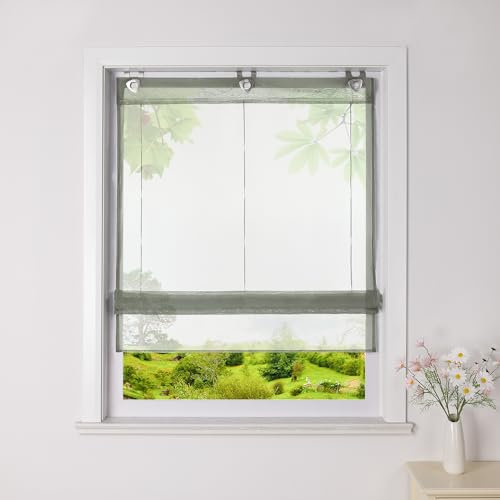 Heichkell Voile Raffrollo ohne Bohren Transparente Raffgardine mit U-Haken Unifarbiges modernes Ösenrollo Grau H*B 130 * 60cm
