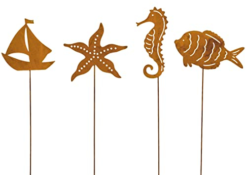 B2S BACK2SEASON Metall Stecker Schiff Seestern Seepferdchen Fisch Rost Rostfigur Gartenstecker Dekoration H= ca. 32 cm 4er Set