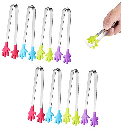 8 Pieza Pinza Azúcar de Acero Inoxidable Pinzas para el Hielo, Pinzas de Silicona en Forma de Mano, Mini Pinzas de Cocina Pinzas Multifuncionales para Alimentos, para Bar Boda BBQ Fiesta