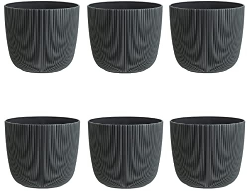 Engelland - 6 x Blumentopf mit Drainagesystem, Anthrazit-Grau, Rillenoptik, Pflanz-Topf, Kübel, modern, widerstandsfähig, rund, wetterfest, Kunststoff, Ø 18 cm, 3 Liter