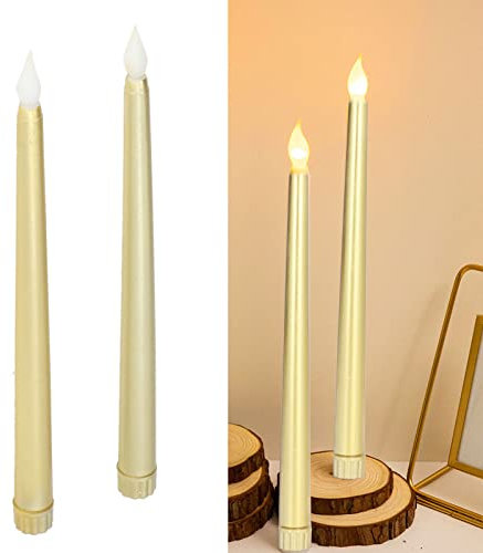 Mothinessto 2pcs Flameless Flickering Taper Candles,Real Wax LED Dinner Candles,Battery Operated Electric,3D Wick Light Window Candles,for Home Christmas Wedding Decor(Gold)