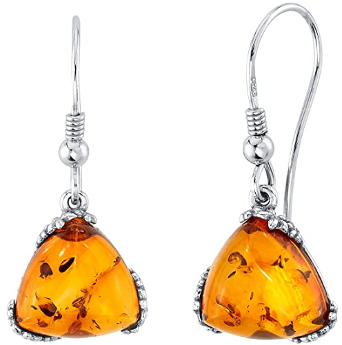 Peora Genuine Baltic Amber Trillion Shape Drop Earrings 925 Sterling Silver, Designer Solitaire, Rich Cognac Color, Fish Hook, Real Baltic Amber Earrings for Adults, 100% Natural from Baltic Region