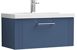 nuie DPF396D Deco Modern Bathroom Wall Hung 1 Drawer Part Fluted Vanity Basin Unit with Thin-Edge Ceramic Basin, 800mm, Satin Blue