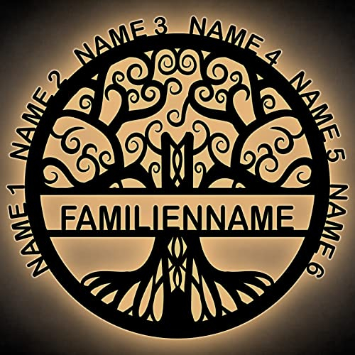 Familienbaum Lebensbaum mit Namen Baum Lasergravur Geschenke Wohnzimmer Schlafzimmer Familie Deko LED Schlummerlicht Nachtlicht, in 7 MDF Holzfarben & 7 LED-Farben 42x39cm