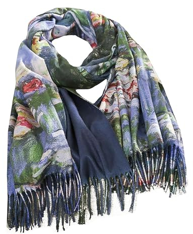 GFM® Wool Blend Cashmere Texture Painting Art Based Print Shawl Scarf for Autumn Winter (Monet Water Lily Green)(88-PWSHL-18)