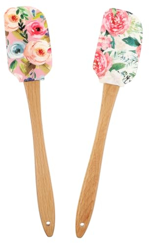 NOLITOY Teigschaber Silikon Spatel Teigspachtel Kuchenspatel Küche Gummispatel Kuchenschaber Schmal Spatel mit Holzgriff Blumen Muster für Kochen Backen Weihnachten Dekoration Geschenk 2 Stück