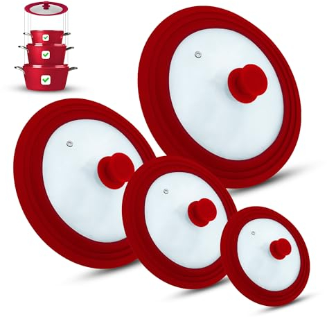 M.S.N Juego de 4 tapas universales de cristal, 4 piezas, para ollas y sartenes de 16 a 32 cm, con válvula de salida y borde de silicona (rojo)