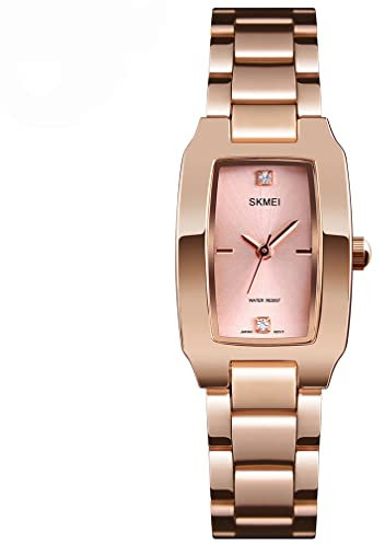 SKMEI Damenuhren für Damen, quadratisch, klein, schlank, leicht, Lederband, wasserdicht, modisch, lässig, einfach, Quarz, analog, junge Mädchen, Geschenke, Armbanduhr, L1400 Roségold, modisch