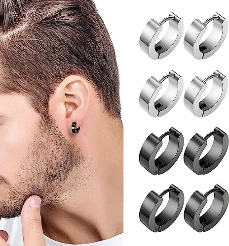 4 Paia Orecchini in acciaio inossidabile nero argento opaco Lucido da uomo/donna a cerchio, classici