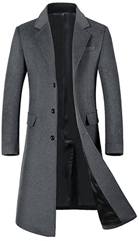 YOUTHUP Mens Winter Coat Slim Fit Wool Overcoat Knee-Length Elegant Trench Coat Business Peacoat, Grey-Thin, M