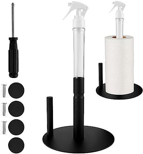Free-Standing Paper Towel Holder with Spray Bottle Countertop Paper Towel Stand Stainless Steel Kitchen Towel Holder Rolls Organizer for Standard Kitchen Roll Dispenser with Non-Slip Weighted Base
