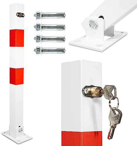 Parkpfosten Absperrpfosten klappbar 65cm Hoch Parkplatzsperre je Poller 3 Schlüssel 4 Schwerlastdübel Pfosten Weiß signal Rot ParkWatch Absperrung Pollen (2)