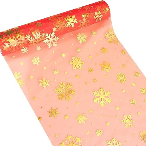 30cm x 10Yards Organza Tischläufer in Gold Silber transparent Tischband Tischdeko Organzastoff Tischrolle Geschenk für Weihnachten Adventszeit Festliche Party Dekoration (Schneeflocken - Rot Stoff)