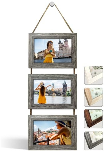 NEOWS Cadre Photo Multiple avec Corde pour Suspendre au Mur - Lot de Cadres Décoratifs pour Accrochage Mural Vertical - Porte Portrait Pele Mele - Photos 10x15 (Chêne Gris, 3 Photos Horizontal)