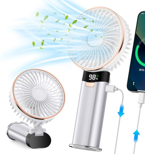 Ventilador portátil de mano, 4 en 1, 5200 mAh, recargable por USB, plegable, con mango de metal, banco de energía, pantalla LED, 6 velocidades para viajes, verano, conciertos, pestañas, regalos para