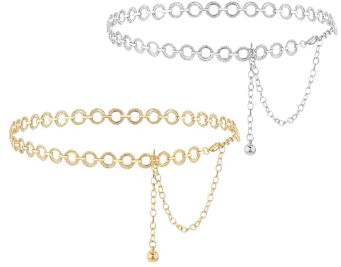 Goiern Lot de 2 chaînes en métal pour femme, ceinture réglable, liaison corporelle, alliage, pour robes et jeans (doré et, L, Alliage