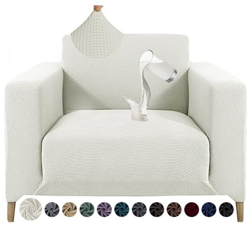 Alishomtll Sofa Überzug 1 Sitzer Stretch Sofabezug Universal Wasserabweisend Couch Überzug Sofaüberwürfe Elastische Jacquard Couchbezug rutschfest Sofaschoner für Hunde Katzen (90-140cm, Weiß)