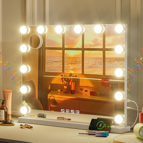 Hollywood Vanity Mirror with Lights, 50 × 42 cm Make up Mirror with Lighting, 14 Dimmable LED, 3 colour Temperatures, Touchscreen Control, Tabletop or Wall Mounted for Daughters