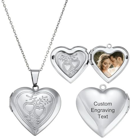 MeMeDIY Personalisiert Medaillon Kette mit Bild Damen Herz Medaillon Zum Öffnen Kette Halskette Gold/Silber/Rosegold Gravierte Gedenk Anhänger Halskette Schmuck Geschenke für Frauen -C1