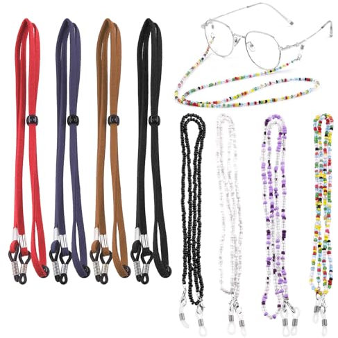 Swpeet 8pcs 8 couleurs réglable en cuir/perles lunettes bandoulière Kit, lunettes de soleil antidérapantes monture de lunettes, collier type monture de lunettes, fixateur de corde, pour les