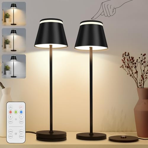 HOTUT Rechargeable Cordless Table Lamp, 2pcs Dimmable led Table Lamps 3 Colors, Touch Control Battery Operated Table Lamp, IP54 Waterproof, USB Portable Metal Light for Home, Dining, Camping, Party