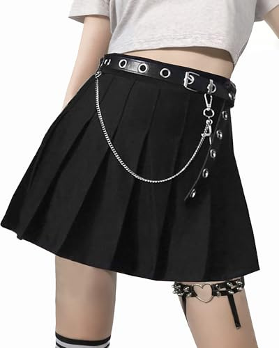 YINGWIN Minirock Damen Schwarz Faltenrock Gothic Kleidung Damen Mini Rock Sommer Rock mit Gürtel Kette