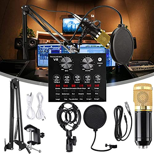 AKALNNB Paquete de micrófono condensador, kit de micrófono Bm-800 con tarjeta de sonido en vivo y brazo de tijera de suspensión de micrófono ajustable, micrófono cardioide de estudio profesional para