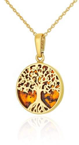 AMBEDORA Petit collier celtique pour femme - Motif arbre de vie celtique - Avec ambre - Plaqué or - En argent sterling - Couleur cognac - Pendentif plaqué or sur chaîne, Argent sterling, Ambre