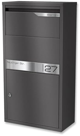 Metzler Briefkasten und Paketbox rostfrei und massiv, Paketbriefkasten XXL, Standbriefkasten modern, Paketkasten mit Zylinderschloss, Postbox in DB 703 Eisenglimmer mit Namensgravur, Modell Avalon 2