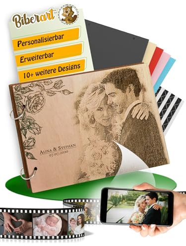 Personalisiertes Gästebuch Hochzeit I Fotoalbum zum Selbstgestalten I Leeres Buch aus Holz mit Foto Gravur I 40 DIN A4 schwarzen blanko Seiten I Wedding - Erinnerungsbuch I Hochzeitsalbum mit Ösen