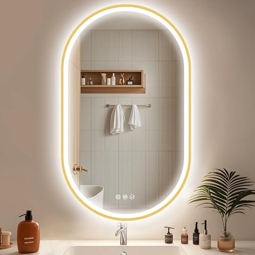 STARLEAD 1000x600 mm Oval-Bathroom-Mirror-with-LED-Lights, Bluetooth, LED-Bathroom-Mirror with 3 Colours Dimmable, Defogging, IP44, HD Tempered Glass, Horizontal/Vertical, Gold Paint, Not Metal Frame