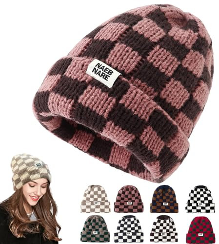 Unisex Mütze Damen Herren Beanie Warm Wintermütze Karierte Mütze Winter Strickmütze Thermo Laufmützen Wintermütze Weich Slouch Kint Hat (DE/NL/SE/PL, Alphanumerisch, Einheitsgröße, M, Rosa)