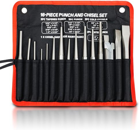 Set di 16 punzoni e scalpelli meccanici, set di punzoni resistenti con borsa e calibro a freddo, set di scalpelli in metallo per bullonatura, per intaglio/muratura/punzonatura/rivettatura del metallo