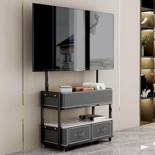 EKDJSN Mobile TV Cart, Mobile TV Stand for 50-90 Inch TVs, Rolling TV Stand with Wheels and 2 Drawer, Saddle Leather Floor TV Stand, TV Stand Mount with Adjustable Bracket(Grey)