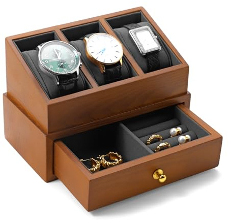 Oirlv Uhrenbox Holz mit 3 Fächern & Glasdeckel für Uhrenliebhaber(Dunkelgrau)