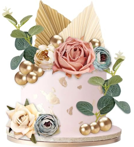 Srvauyea 28 Stück Tortendeko Blumen, Boho Tortendeko Dekoration Mädchen, Tortenaufsatz Dekoration mit Blumen, Blättern und Goldenen Kugeln für Babyparty Hochzeitstorte Geburtstag Kommunion Taufe Party