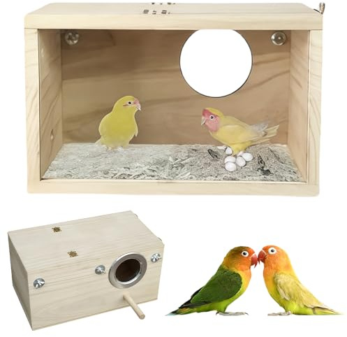 GOEDCH Wellensittich Nistkasten: Transparentes Design Holz Sittich Nistkasten Transparentes Design, Papagei Vogelzuchtbox Holz Zucht Box, für Innen und Außenhaltung (Rechtsöffnung 24,5×13×13cm)