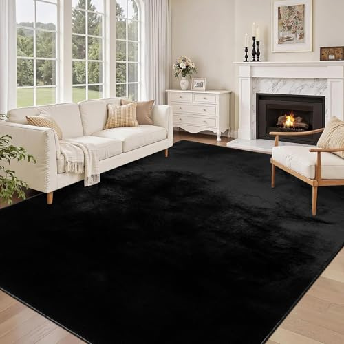 SHACOS Schwarz Teppich Wohnzimmer 160x230 cm Kurzflor Teppich Schlafzimmer Kunstfell Weich Flauschig Wohnzimmerteppich Waschbare Teppiche Groß Modern rutschfest, Felloptik