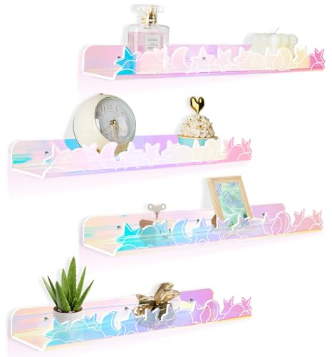 alldomess Acryl Wandregal Ohne Bohren Schweberegal 4 Stück 40cm für Kinder | Foto und Dekorationen Hängend zum Küchenregal Badezimmer Wohnzimmer Kinderzimmer Laser Sterne und Monde
