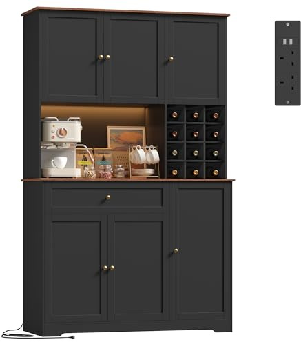 FirFurd Kitchen Cupboard Tall Kitchen Cabinets with LED, Power Outlet, Sideboard Storage Cabinet with Wine Rack for 12 Bottles, Countertop and Drawer Dining Room Furniture180x100x39cm Black
