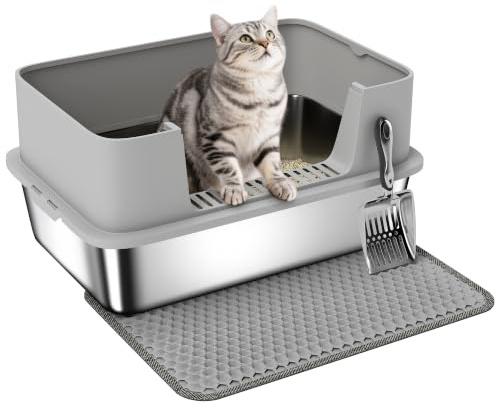 PawHut Katzentoilette XXL für Große Katzen 60,2 x 40,2 x 29,5 cm, Grau | Edelstahl, Offene Katzenklo Ohne Deckel, Mit Schaufel, Hohem Rand, Matte, Cat Litter Box, Bis 7 kg