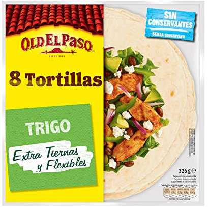 Old El Paso Tortillas de Trigo, Extra Tiernas y Flexibles, Sin Conservantes, Aptas para Vegetarianos, 8 Unidades, Ideal para Fajitas, Burritos y Tacos, 326g